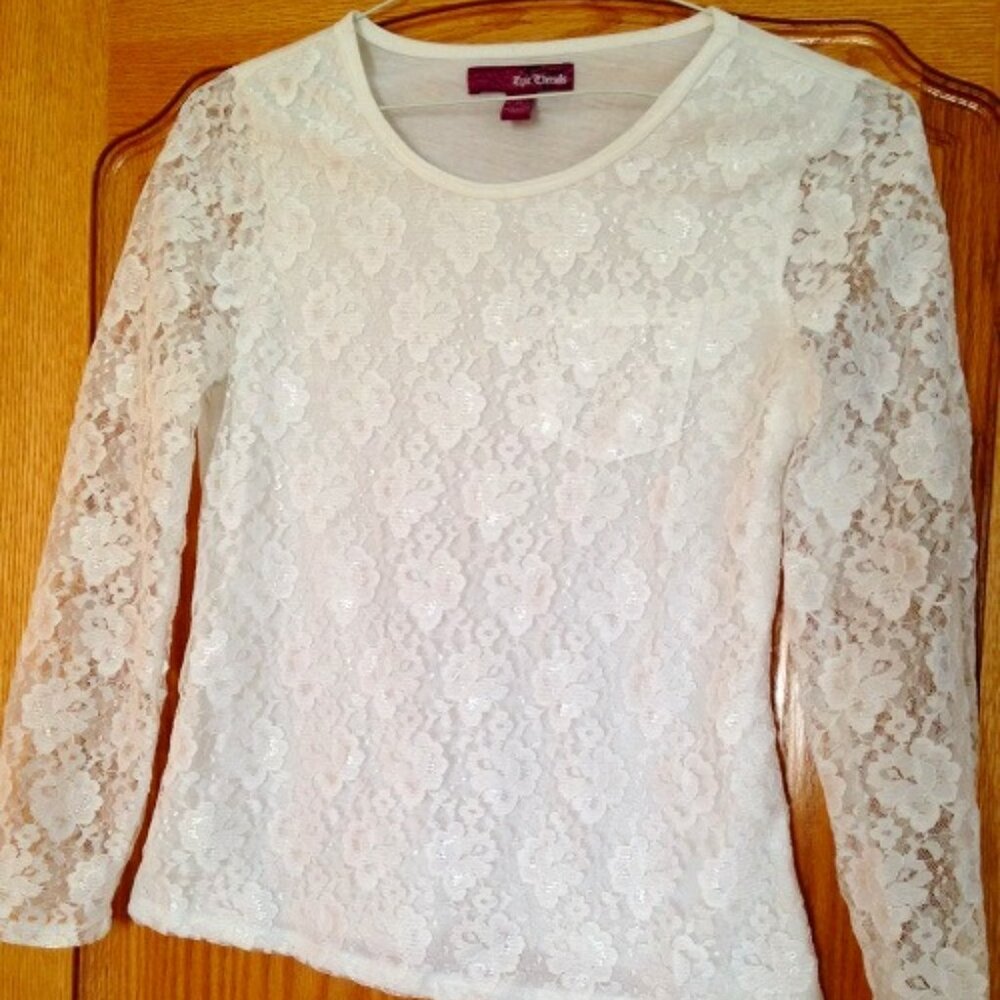 NWOT Epic Threads Girl's Long Sleeve White Lace Overlay Blouse Shirt Sz: L